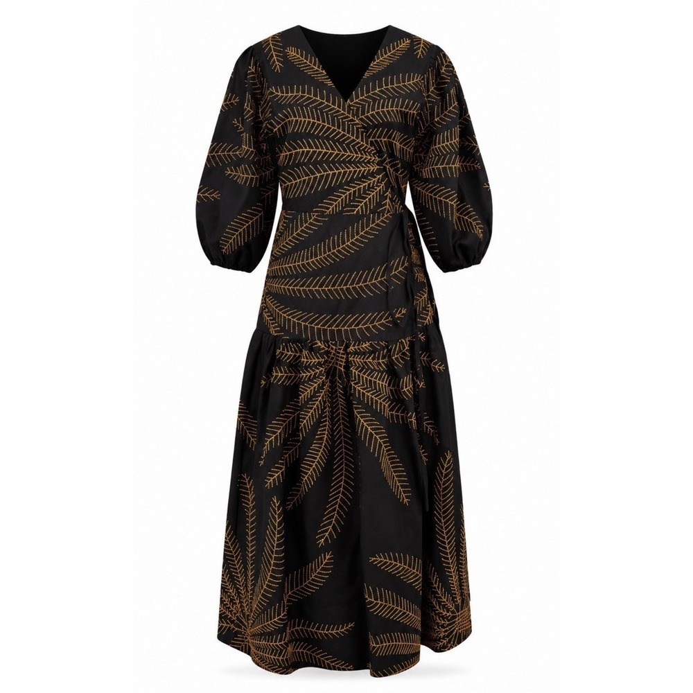 Alexis Blisse Dress Women XS Black Safari Breeze Embroidered Linen Wrap Midi